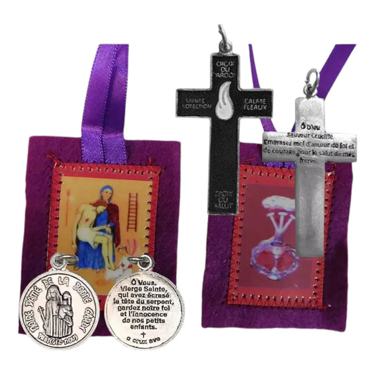 ESCAPULARIO MORADO MEDIANO CON  MEDALLAS Y CRUZ