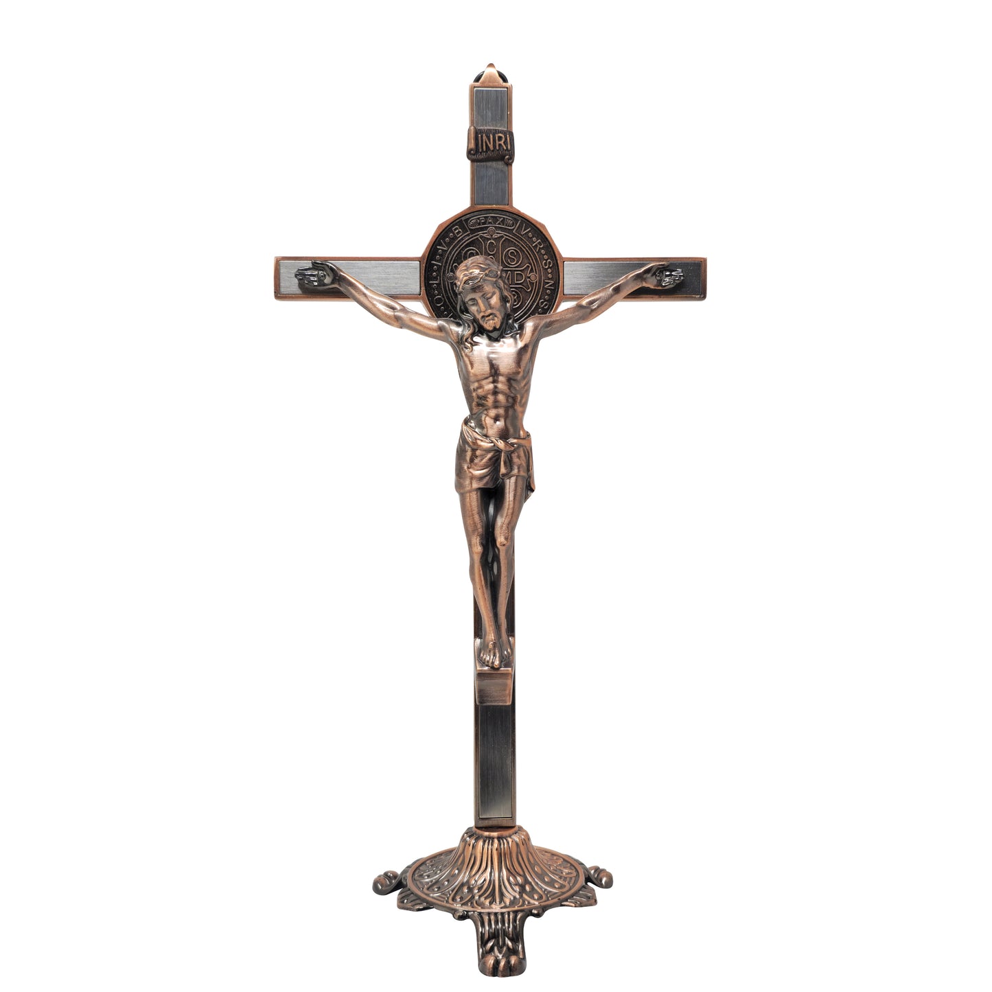 A8.- CRUZ SAN BENITO BRONCE PLANA CON BASE  [13 PULGADAS]
