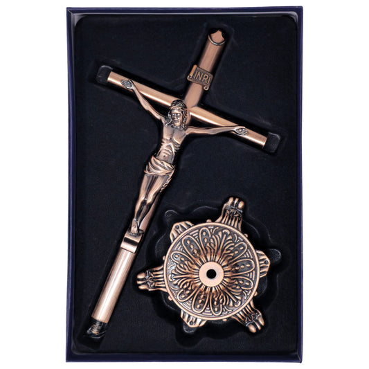 CRUCIFIJO SAN BENITO BASE METAL BRONZE 13 INCHES