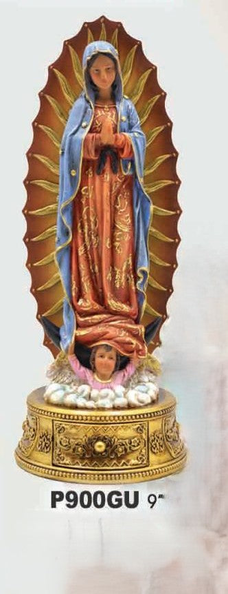 Virgen de Guadalupe de poliresina de 9 pulgadas con cajón para rosario