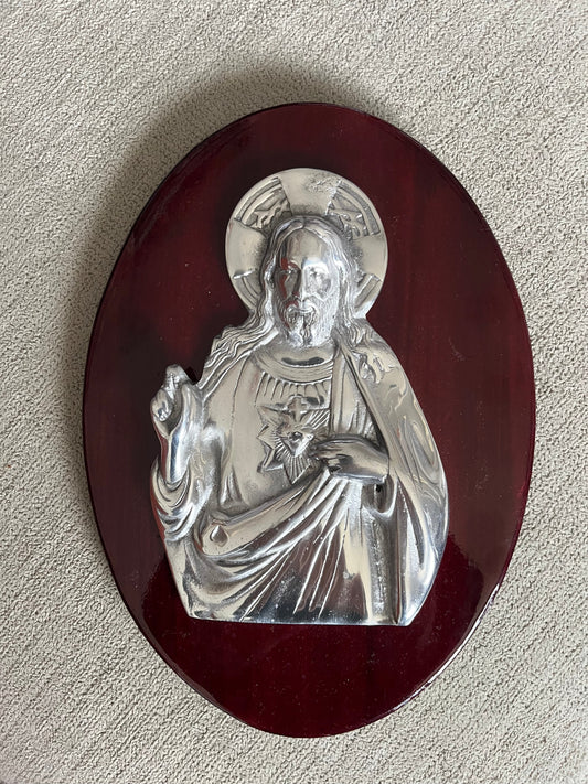 RETABLO SAGRADO CORAZON DE JESUS OVALADO MADERA Y PEWTER